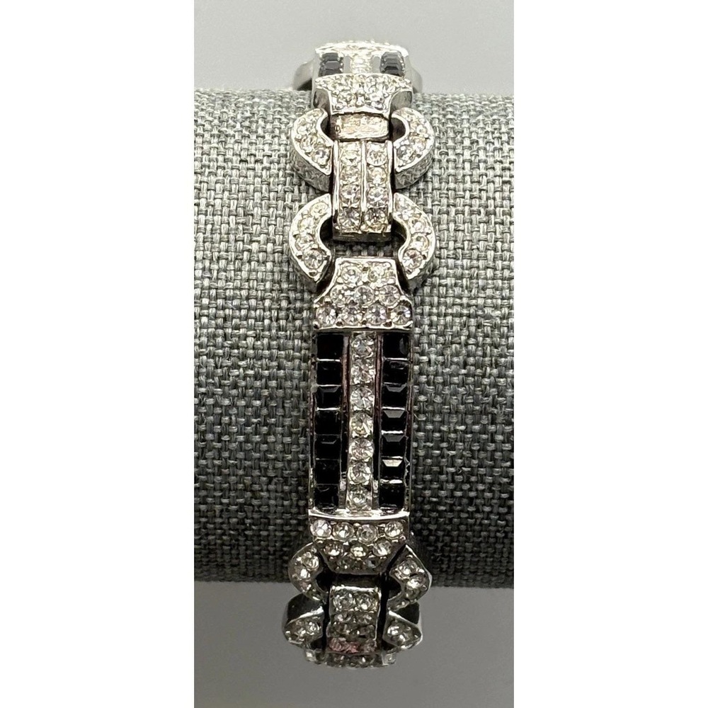 Ciner Vintage Art Deco Silver Tone Black Crystal Rhinestone Link Tennis Bracelet